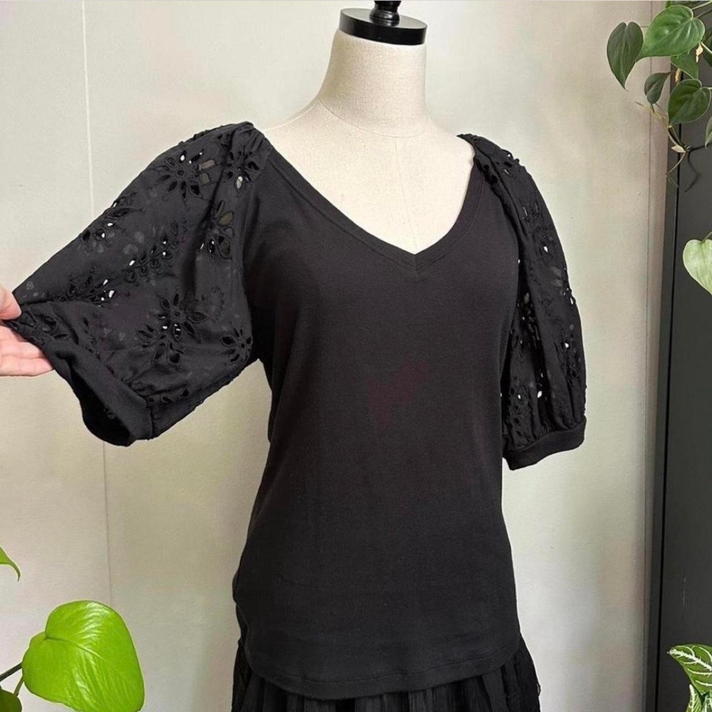 A Loves A Black V-Neck Blouse Balloon Eyelet Sleeve Boho Top Large